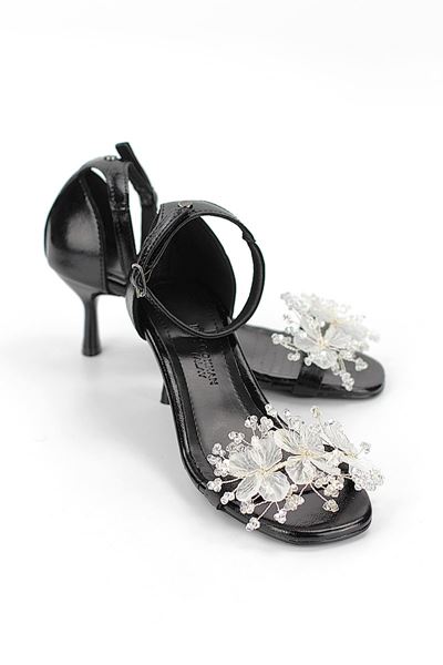 Bijou Esnek Yumuşak Kaymaz Taban (4 cm) Siyah Rugan El Yapımı Şeffaf Yaprak Detaylı Kadın Topuklu Ayakkabı