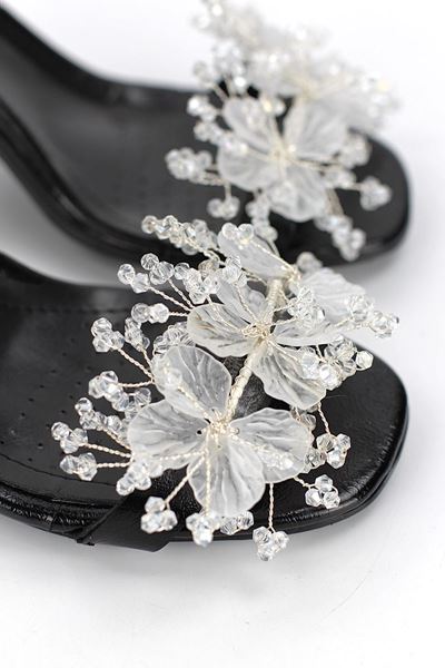 Kallista Esnek Yumuşak Kaymaz Taban (8 cm) Siyah Rugan El Yapımı Şeffaf Yaprak Detaylı Kadın Topuklu Ayakkabı