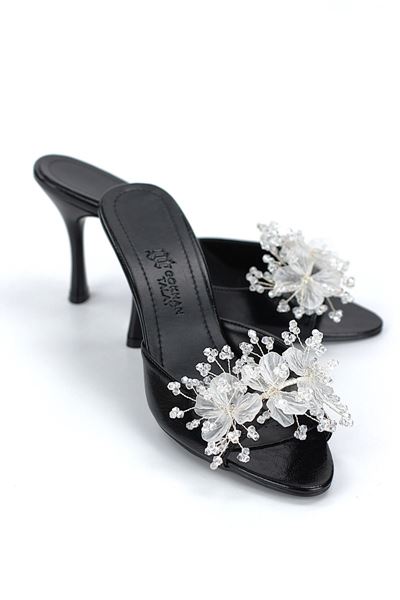 Cosima Esnek Yumuşak Kaymaz Taban (8 cm) Siyah Rugan El Yapımı şeffaf Yaprak Detaylı Kadın Topuklu Terlik 