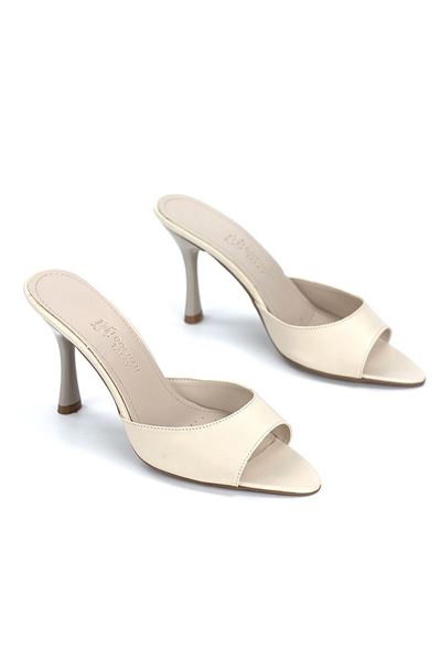 Zafira Esnek Yumuşak Kaymaz Taban (8 cm) Bej Cilt Kadın Topuklu Terlik