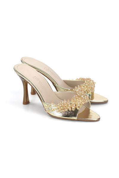 Lucine Esnek Yumuşak Kaymaz Taban (8 cm) Dore Metalik El Yapımı Boncuk Detaylı Kadın Topuklu Terlik 