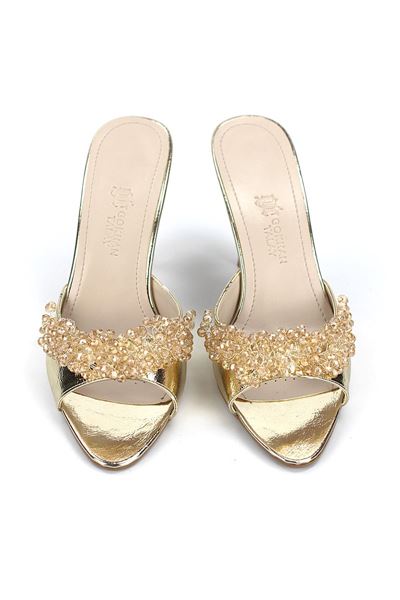 Lucine Esnek Yumuşak Kaymaz Taban (8 cm) Dore Metalik El Yapımı Boncuk Detaylı Kadın Topuklu Terlik 