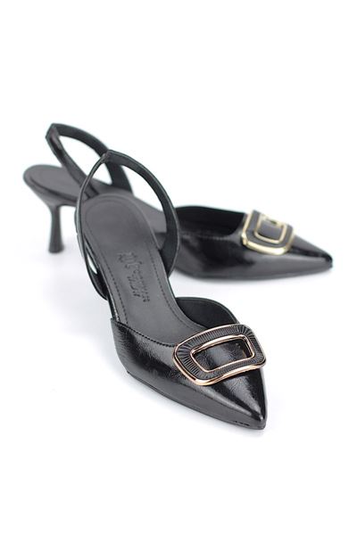 Jolie Esnek Kaymaz Taban Siyah Rugan Orta Topuklu(4cm) Kemik Toka  Klasik Topuklu Ayakkabı