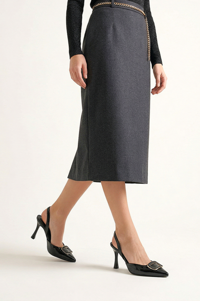 Lori Esnek Kaymaz Taban Siyah Cilt Orta Topuklu(8 cm) Kemik Toka Klasik Topuklu Ayakkabı