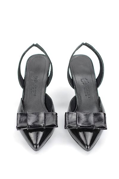 Lori Esnek Kaymaz Taban Siyah Rugan Orta Topuklu(8 cm) Köşe Fiyonk Klasik Topuklu Ayakkabı