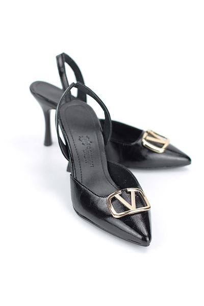 Lori Esnek Kaymaz Taban Siyah Rugan Orta Topuklu(8 cm) Altın V Toka Toka Klasik Topuklu Ayakkabı