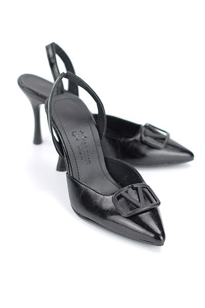 Lori Esnek Kaymaz Taban Siyah Rugan Orta Topuklu(8 cm) Siyah Mat V Toka Toka Klasik Topuklu Ayakkabı