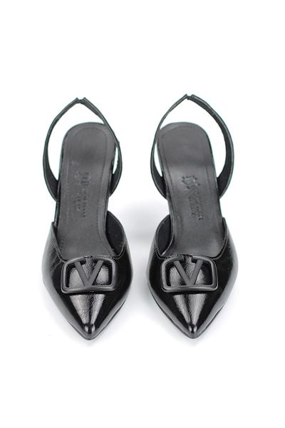 Lori Esnek Kaymaz Taban Siyah Rugan Orta Topuklu(8 cm) Siyah Mat V Toka Toka Klasik Topuklu Ayakkabı