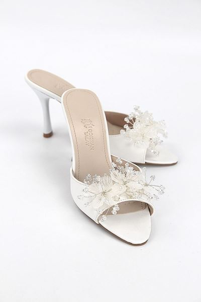 Cosima Esnek Yumuşak Kaymaz Taban (8 cm) Beyaz Cilt El Yapımı şeffaf Yaprak Detaylı Kadın Topuklu Terlik 