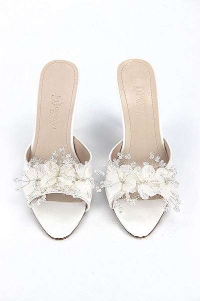 Cosima Esnek Yumuşak Kaymaz Taban (8 cm) Beyaz Cilt El Yapımı şeffaf Yaprak Detaylı Kadın Topuklu Terlik 