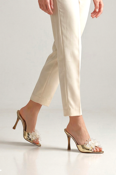 Cosima Esnek Yumuşak Kaymaz Taban (8 cm) Dore El Yapımı şeffaf Yaprak Detaylı Kadın Topuklu Terlik 