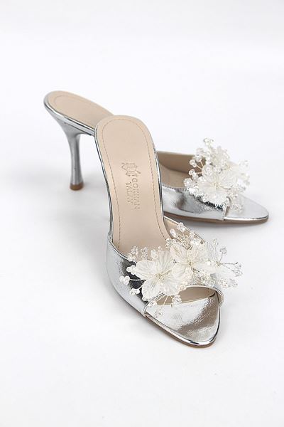 Cosima Esnek Yumuşak Kaymaz Taban (8 cm) Lame El Yapımı şeffaf Yaprak Detaylı Kadın Topuklu Terlik 