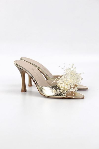 Almas Esnek Yumuşak Kaymaz Taban (8 cm) Dore Metalik El Yapımı Boncuk Detaylı Kadın Topuklu Terlik 