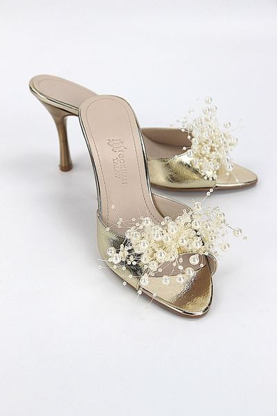 Almas Esnek Yumuşak Kaymaz Taban (8 cm) Dore Metalik El Yapımı Boncuk Detaylı Kadın Topuklu Terlik 