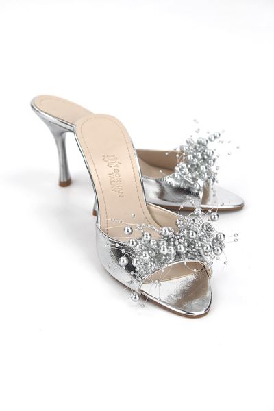 Almas Esnek Yumuşak Kaymaz Taban (8 cm) Lame Metalik El Yapımı Boncuk Detaylı Kadın Topuklu Terlik 