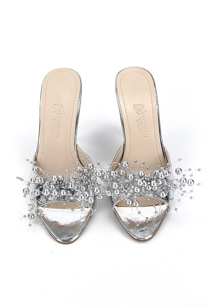 Almas Esnek Yumuşak Kaymaz Taban (8 cm) Lame Metalik El Yapımı Boncuk Detaylı Kadın Topuklu Terlik 