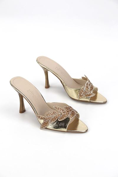 Melantha Esnek Yumuşak Kaymaz Taban (8 cm) Dore Metalik Taşlı Yaprak Detaylı Kadın Topuklu Terlik