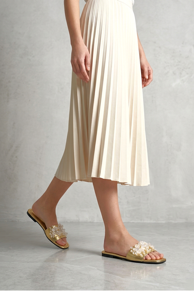 Florelle Dore Metalik El Yapımı  Şeffaf Yaprak Boncuk Detaylı Kadın Terlik