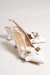 Kadın Stiletto Kısa Topuklu Ayakkabı Tweety Beyaz Çiçekli