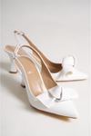 Kadın Stiletto Kısa Topuklu Ayakkabı Tweety Beyaz Fiyonk