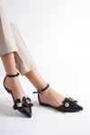 Maggie Kadın Sivri Burunlu Babet Ayakkabı Siyah Çiçekli