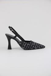 Kadın Topuklu Ayakkabı Siyah Desenli Kumaş