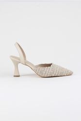 Kadın Klasik Topuklu Ayakkabı Bej Desenli Kumaş