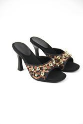 Havanna Kadın Altın Taş Detaylı Leopar Desenli Orta Topuklu (8 cm) Topuklu Terlik