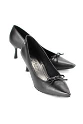 Ellyn Esnek Yumuşak Kaymaz Taban (4 cm) Siyah Cilt  İnce Bıyık Fiyonk Kadın Topuklu Ayakkabı