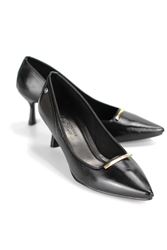 Sasha Esnek Yumuşak Kaymaz Taban (4 cm) Siyah Rugan İnce Çubuk Toka Kadın Topuklu Ayakkabı