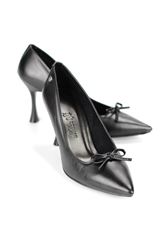 Mila Esnek Yumuşak Kaymaz Taban (8 cm) Siyah Cilt İnce Bıyık Fiyonk Kadın Topuklu Ayakkabı