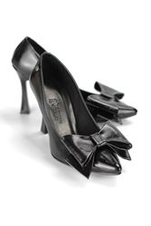 Ludmila Esnek Yumuşak Kaymaz Taban (10 cm) Siyah Rugan Kadın Kalın FiyonkluTopuklu Ayakkabı