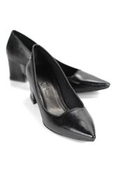 Nevra Esnek Yumuşak Kaymaz Taban (7 cm) Siyah Rugan Kadın Kalın Topuklu Ayakkabı