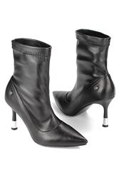 Lunex Siyah Cilt Esnek Yumuşak Kaymaz Taban (8cm)  Gümüş  Topuk Detaylı Streç Bot