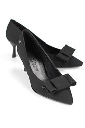 Vellon Esnek Yumuşak Kaymaz Taban (4 cm) Siyah Süet Köşe Fiyonk Kadın Topuklu Ayakkabı