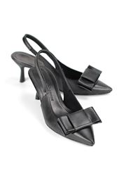 Rivva Esnek Yumuşak Kaymaz Taban (4 cm) Siyah Cilt Açık Lastikli Köşe Fiyonk Kadın Topuklu Ayakkabı