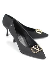 Luxe Esnek Yumuşak Kaymaz Taban (4 cm) Siyah Süet V Toka Kadın Topuklu Ayakkabı