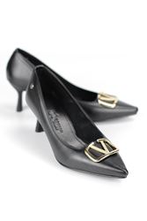 Luxe Esnek Yumuşak Kaymaz Taban (4 cm) Siyah Cilt V Toka Kadın Topuklu Ayakkabı