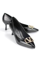 Luxe Esnek Yumuşak Kaymaz Taban (4 cm) Siyah Rugan V Toka Kadın Topuklu Ayakkabı