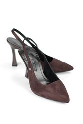 Margaret  Esnek Yumuşak Kaymaz Taban (10 cm) Süet Koyu Kahve  Açık Lastikli Kadın Kalın Topuklu Ayakkabı