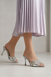 Melantha Esnek Yumuşak Kaymaz Taban (8 cm) Lame Metalik Taşlı Yaprak Detaylı Kadın Topuklu Terlik