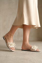 Jumana Bej Cilt El Yapımı Boncuk Detaylı Kadın Terlik